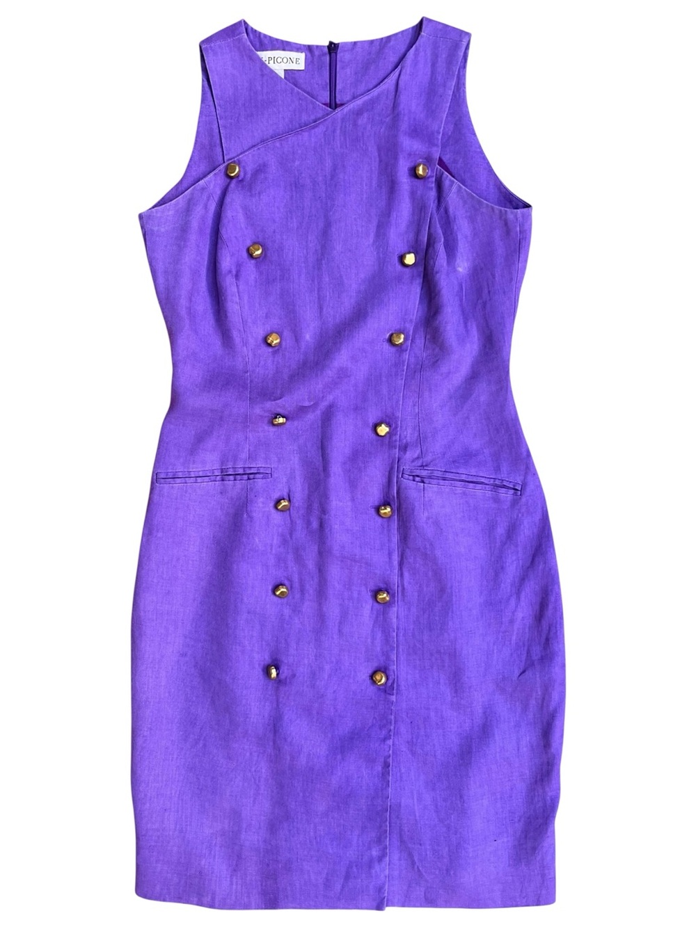 Vintage 90s 100% Linen Dress Sheath | Royal Purple Sculptural Gold Buttons SZ 6